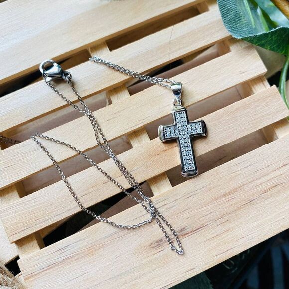 Sterling Silver Micro Pave Cz Cross Pendant On Stainless Steel Chain - Picture 1 of 6